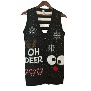 No Boundaries Junior Women Sz M Black Oh Deer Jingle Bells Holiday Sweater Vest
